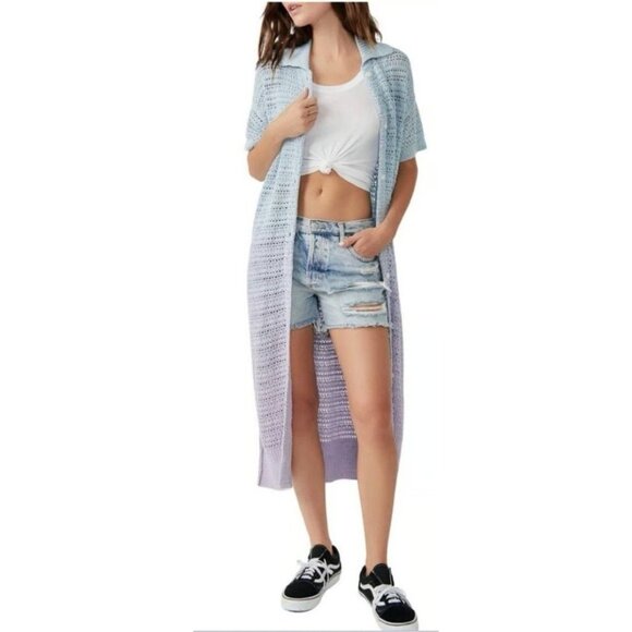 Free People Alicia Crochet Long Cardigan Sweater Indigo Orchid Umbre Size XS NWT - Picture 3 of 8